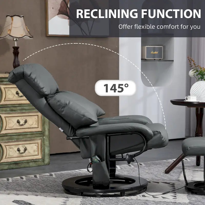 Fauteuil inclinable de massage gris/bleu avec ottoman, pivotant à 360°, cuir PU, 1 personne