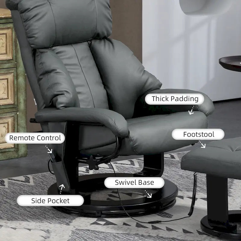 Fauteuil inclinable de massage gris/bleu avec ottoman, pivotant à 360°, cuir PU, 1 personne