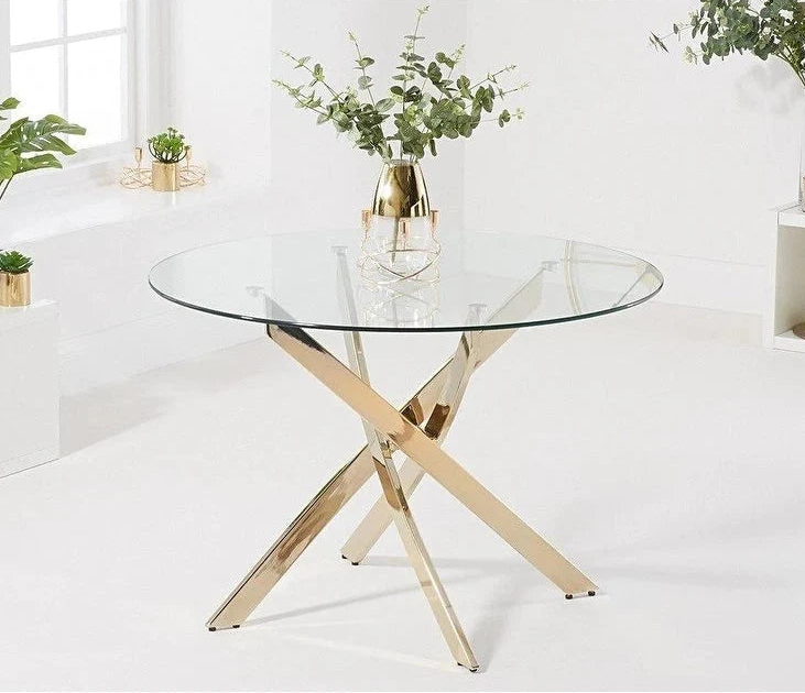 Table à manger ronde en verre avec piétement étoile doré, 2-4 places
