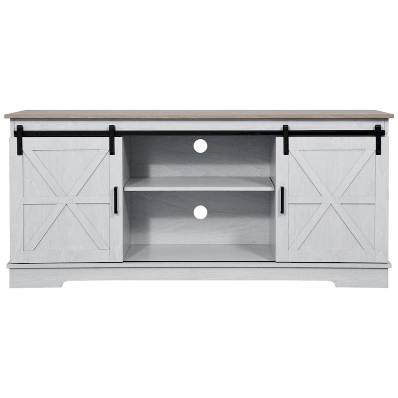 Meuble TV blanc/gris/noir avec porte coulissante de style ferme, convient aux téléviseurs jusqu'à 65 pouces, pour 1 à 2 utilisateurs