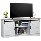 Meuble TV blanc/gris/noir avec porte coulissante de style ferme, convient aux téléviseurs jusqu'à 65 pouces, pour 1 à 2 utilisateurs