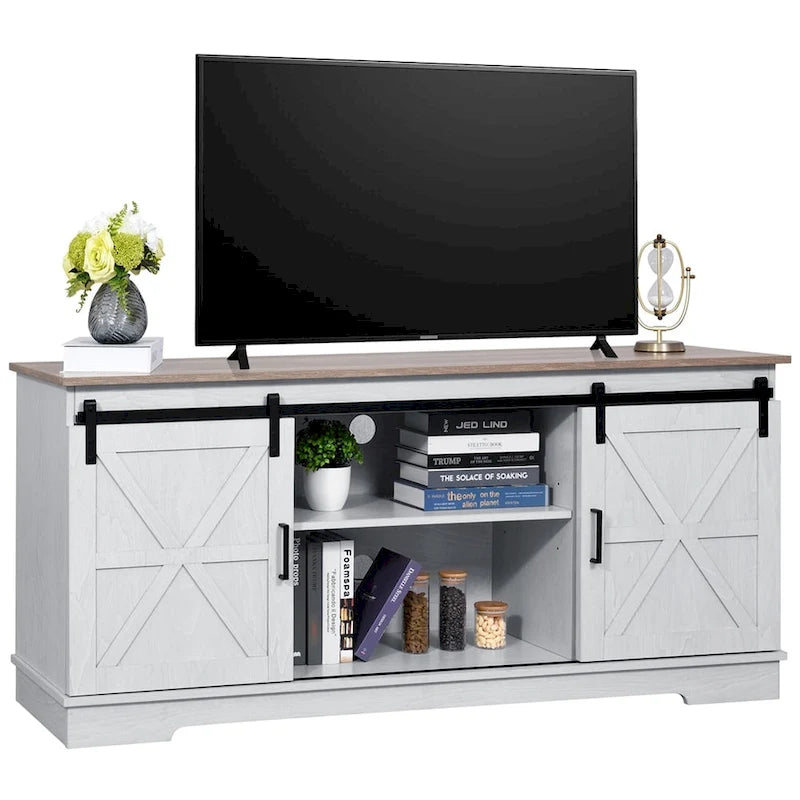 Meuble TV blanc/gris/noir avec porte coulissante de style ferme, convient aux téléviseurs jusqu'à 65 pouces, pour 1 à 2 utilisateurs
