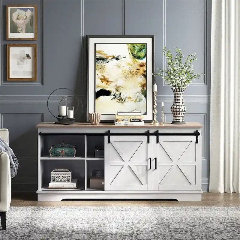 Meuble TV blanc/gris/noir avec porte coulissante de style ferme, convient aux téléviseurs jusqu'à 65 pouces, pour 1 à 2 utilisateurs