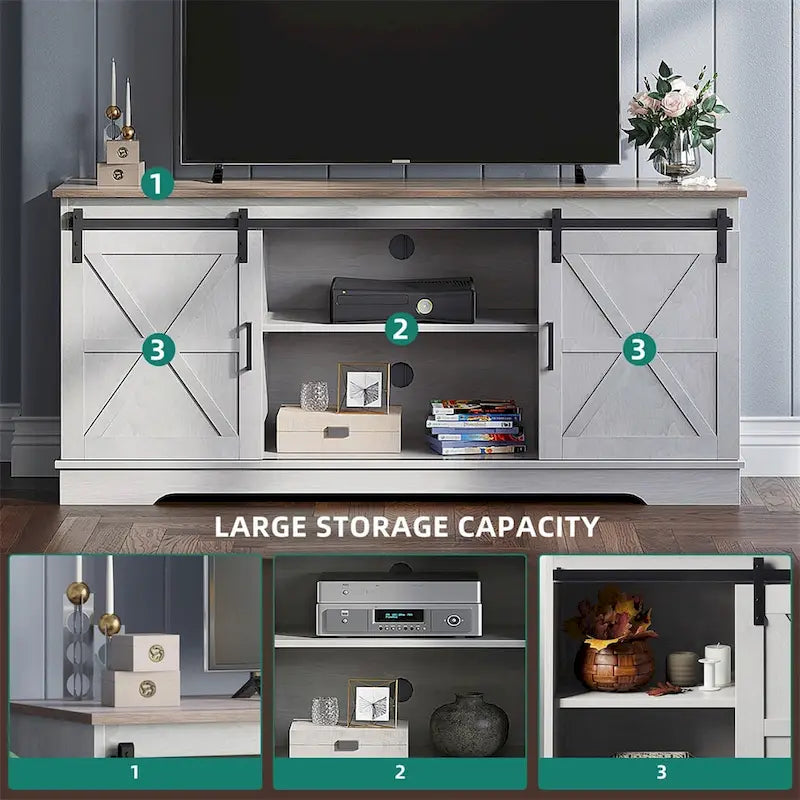 Meuble TV blanc/gris/noir avec porte coulissante de style ferme, convient aux téléviseurs jusqu'à 65 pouces, pour 1 à 2 utilisateurs