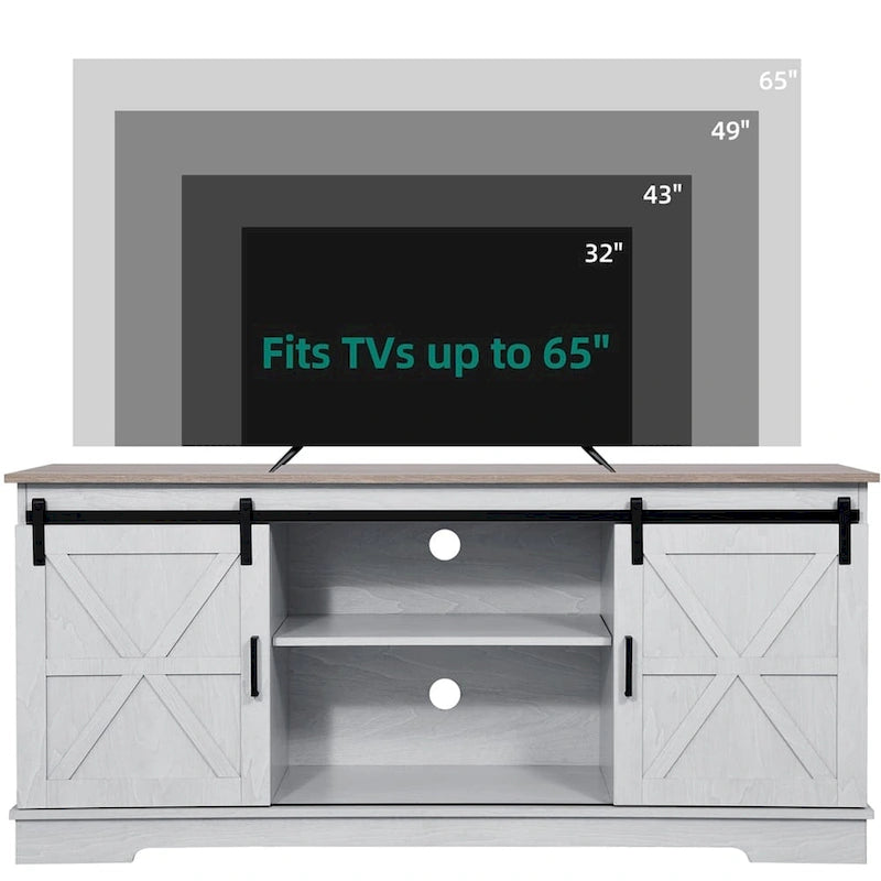 Meuble TV blanc/gris/noir avec porte coulissante de style ferme, convient aux téléviseurs jusqu'à 65 pouces, pour 1 à 2 utilisateurs