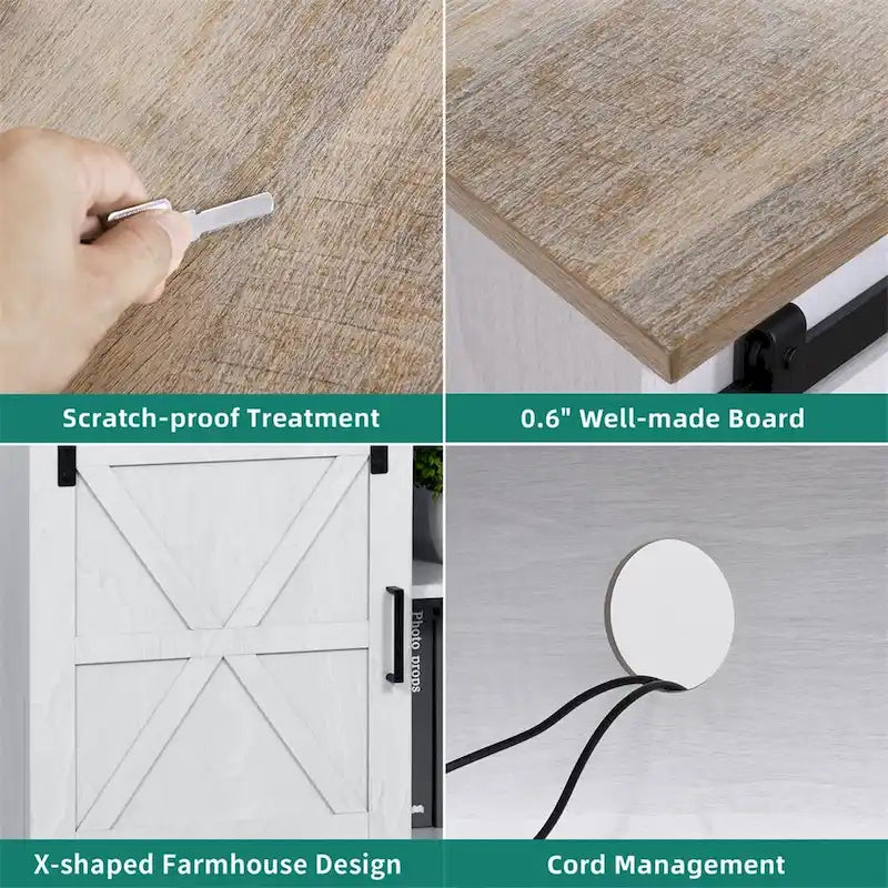 Meuble TV blanc/gris/noir avec porte coulissante de style ferme, convient aux téléviseurs jusqu'à 65 pouces, pour 1 à 2 utilisateurs