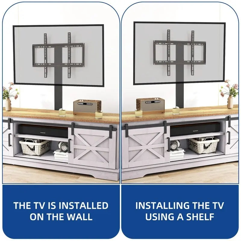 Meuble TV blanc/gris/noir avec porte coulissante de style ferme, convient aux téléviseurs jusqu'à 65 pouces, pour 1 à 2 utilisateurs