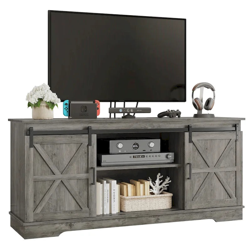 Meuble TV blanc/gris/noir avec porte coulissante de style ferme, convient aux téléviseurs jusqu'à 65 pouces, pour 1 à 2 utilisateurs