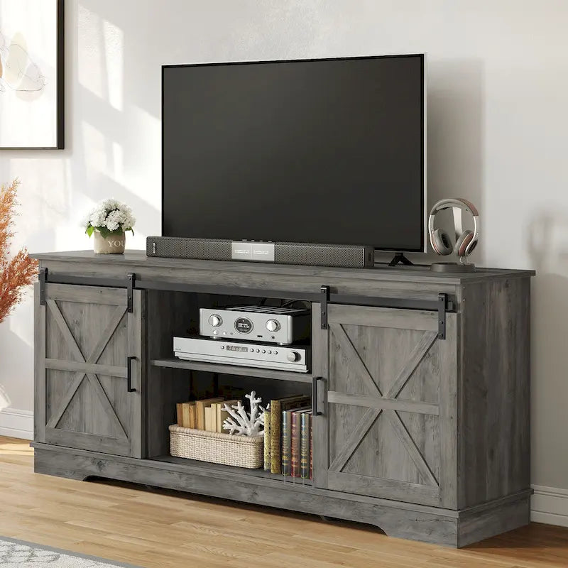 Meuble TV blanc/gris/noir avec porte coulissante de style ferme, convient aux téléviseurs jusqu'à 65 pouces, pour 1 à 2 utilisateurs