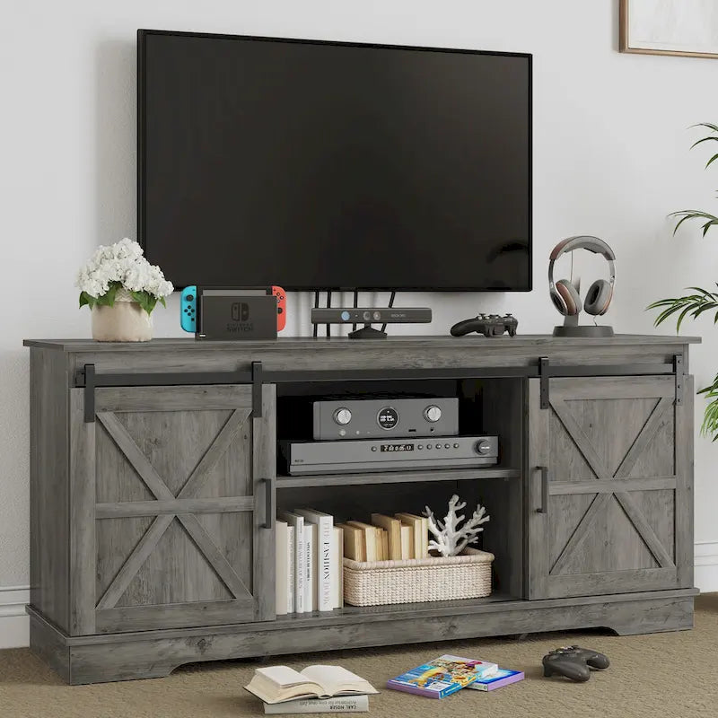 Meuble TV blanc/gris/noir avec porte coulissante de style ferme, convient aux téléviseurs jusqu'à 65 pouces, pour 1 à 2 utilisateurs