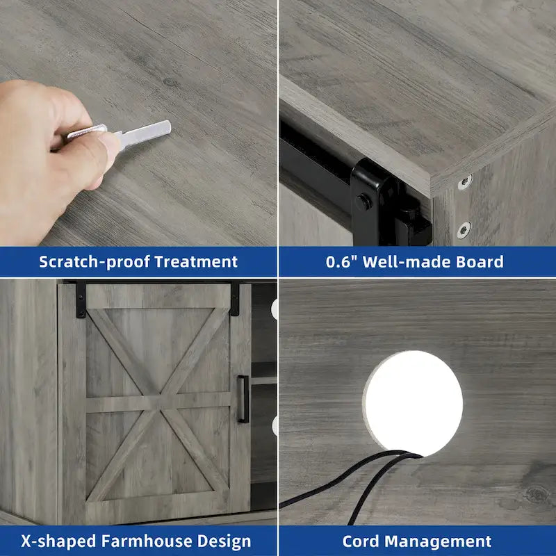 Meuble TV blanc/gris/noir avec porte coulissante de style ferme, convient aux téléviseurs jusqu'à 65 pouces, pour 1 à 2 utilisateurs