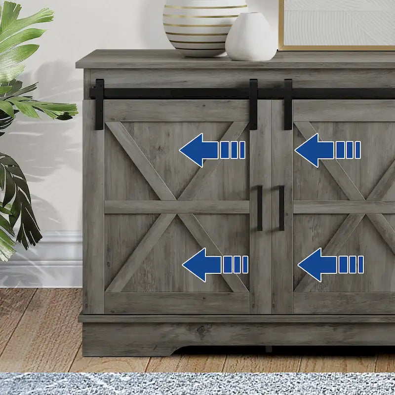 Meuble TV blanc/gris/noir avec porte coulissante de style ferme, convient aux téléviseurs jusqu'à 65 pouces, pour 1 à 2 utilisateurs