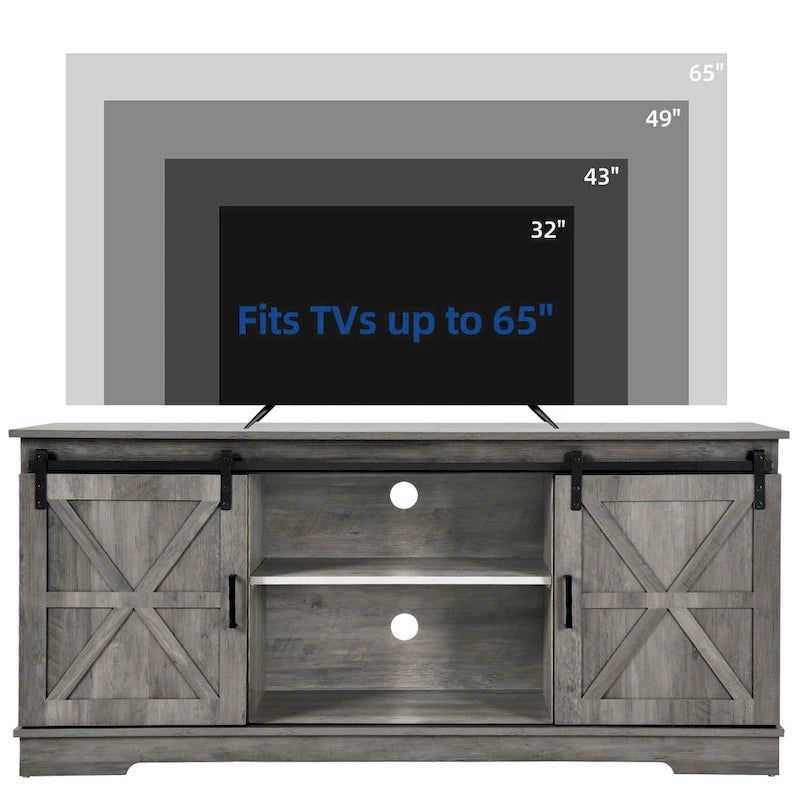 Meuble TV blanc/gris/noir avec porte coulissante de style ferme, convient aux téléviseurs jusqu'à 65 pouces, pour 1 à 2 utilisateurs