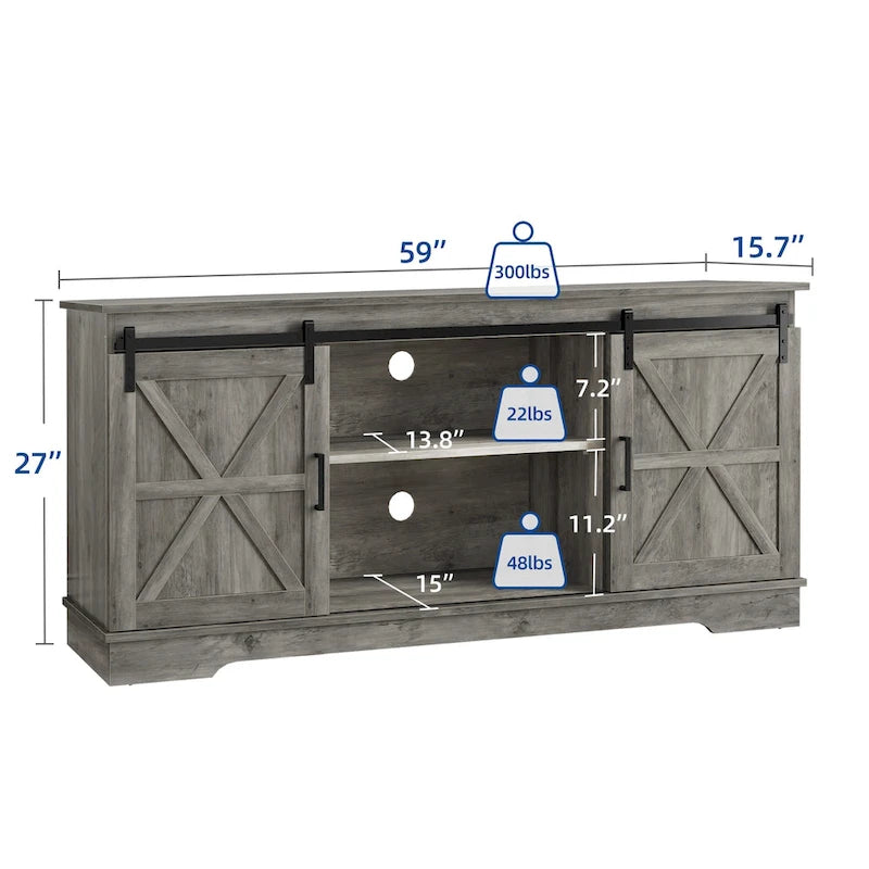 Meuble TV blanc/gris/noir avec porte coulissante de style ferme, convient aux téléviseurs jusqu'à 65 pouces, pour 1 à 2 utilisateurs