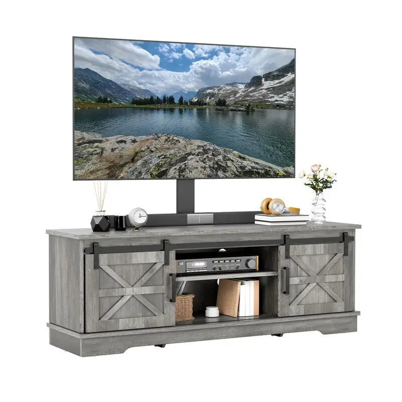 Meuble TV blanc/gris/noir avec porte coulissante de style ferme, convient aux téléviseurs jusqu'à 65 pouces, pour 1 à 2 utilisateurs