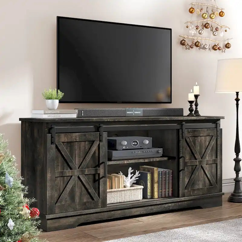 Meuble TV blanc/gris/noir avec porte coulissante de style ferme, convient aux téléviseurs jusqu'à 65 pouces, pour 1 à 2 utilisateurs