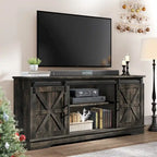 Meuble TV blanc/gris/noir avec porte coulissante de style ferme, convient aux téléviseurs jusqu'à 65 pouces, pour 1 à 2 utilisateurs