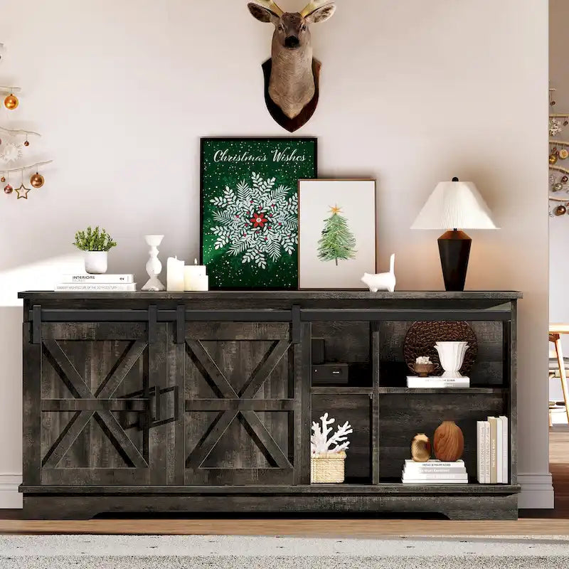 Meuble TV blanc/gris/noir avec porte coulissante de style ferme, convient aux téléviseurs jusqu'à 65 pouces, pour 1 à 2 utilisateurs