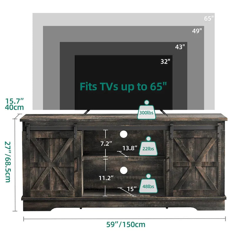 Meuble TV blanc/gris/noir avec porte coulissante de style ferme, convient aux téléviseurs jusqu'à 65 pouces, pour 1 à 2 utilisateurs