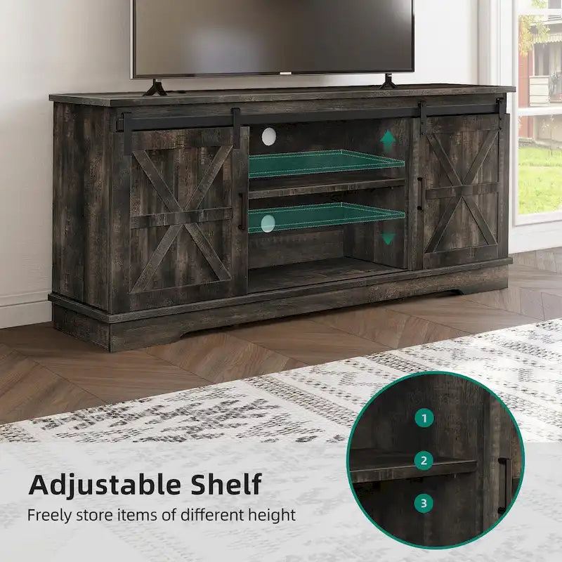 Meuble TV blanc/gris/noir avec porte coulissante de style ferme, convient aux téléviseurs jusqu'à 65 pouces, pour 1 à 2 utilisateurs
