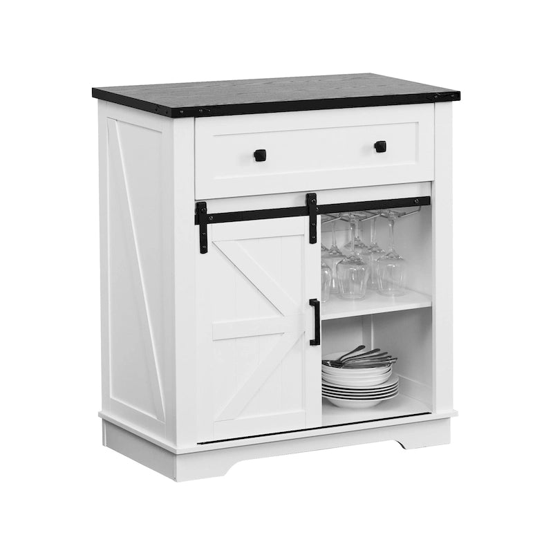 Meuble de bar à café avec porte coulissante de style ferme, blanc/noir, assemblage pour 1 à 2 personnes