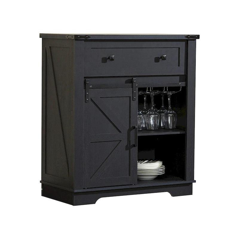 Meuble de bar à café avec porte coulissante de style ferme, blanc/noir, assemblage pour 1 à 2 personnes