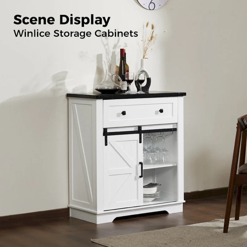 Meuble de bar à café avec porte coulissante de style ferme, blanc/noir, assemblage pour 1 à 2 personnes