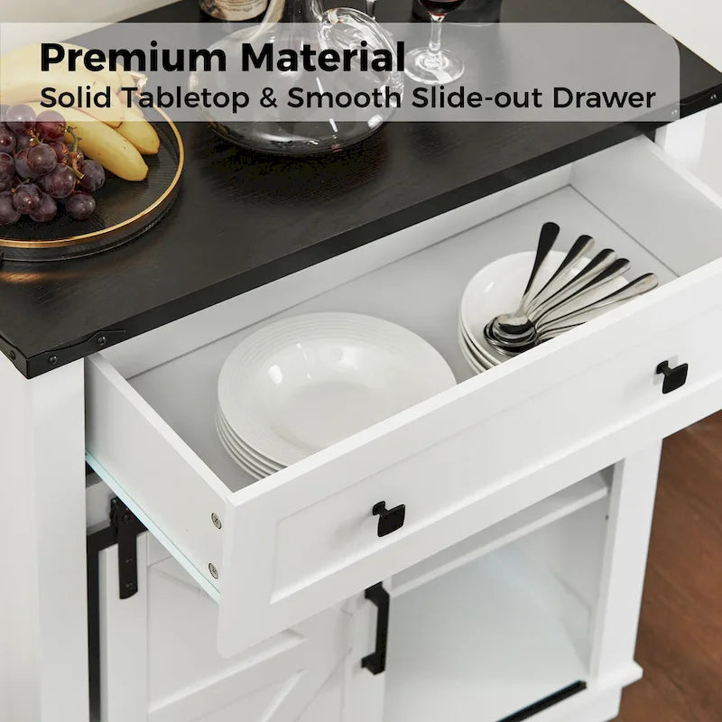 Meuble de bar à café avec porte coulissante de style ferme, blanc/noir, assemblage pour 1 à 2 personnes