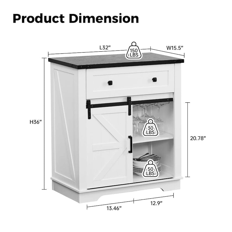 Meuble de bar à café avec porte coulissante de style ferme, blanc/noir, assemblage pour 1 à 2 personnes