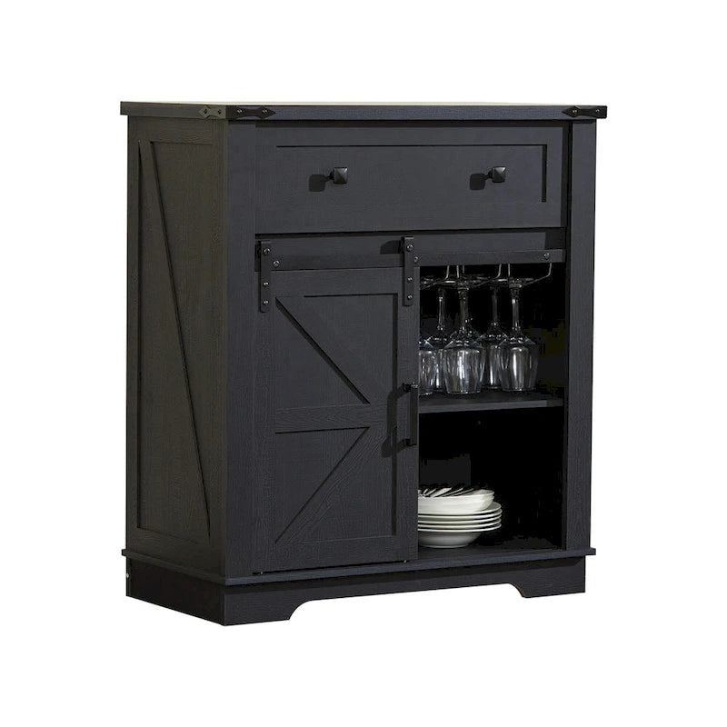 Meuble de bar à café avec porte coulissante de style ferme, blanc/noir, assemblage pour 1 à 2 personnes