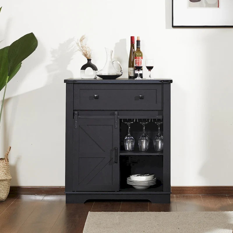 Meuble de bar à café avec porte coulissante de style ferme, blanc/noir, assemblage pour 1 à 2 personnes