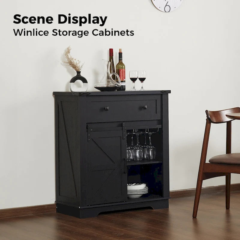 Meuble de bar à café avec porte coulissante de style ferme, blanc/noir, assemblage pour 1 à 2 personnes