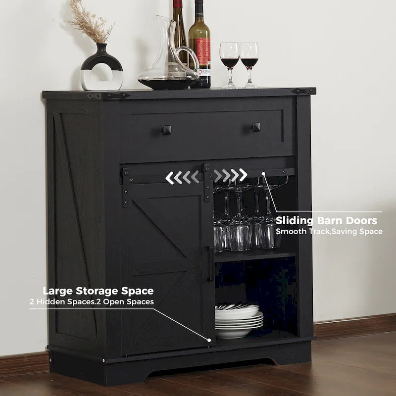 Meuble de bar à café avec porte coulissante de style ferme, blanc/noir, assemblage pour 1 à 2 personnes