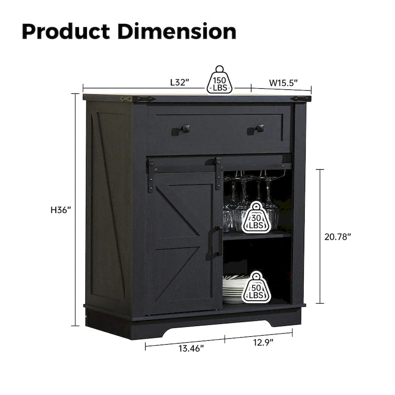 Meuble de bar à café avec porte coulissante de style ferme, blanc/noir, assemblage pour 1 à 2 personnes