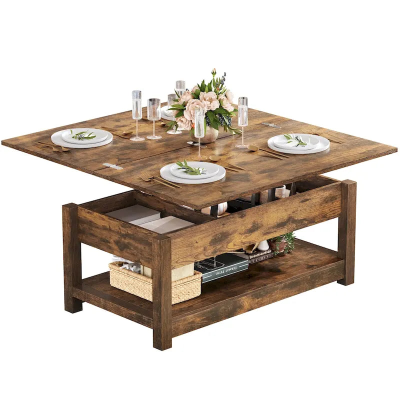 Table basse relevable marron/gris/noir avec rangement dissimulé, pour 6 à 8 personnes