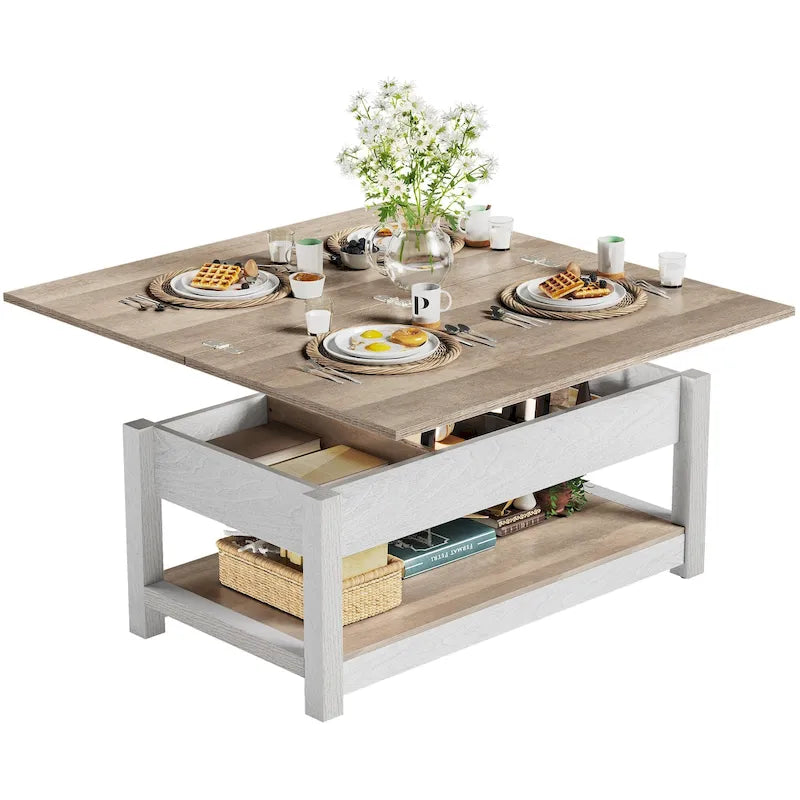 Table basse relevable marron/gris/noir avec rangement dissimulé, pour 6 à 8 personnes