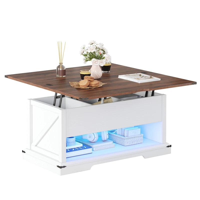 Table basse relevable marron/gris/noir avec rangement dissimulé, pour 6 à 8 personnes