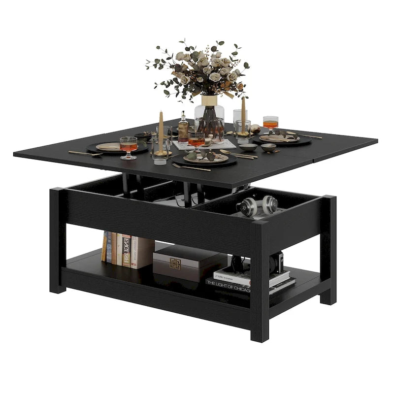 Table basse relevable marron/gris/noir avec rangement dissimulé, pour 6 à 8 personnes