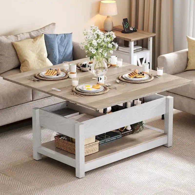Table basse relevable marron/gris/noir avec rangement dissimulé, pour 6 à 8 personnes
