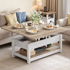 Table basse relevable marron/gris/noir avec rangement dissimulé, pour 6 à 8 personnes