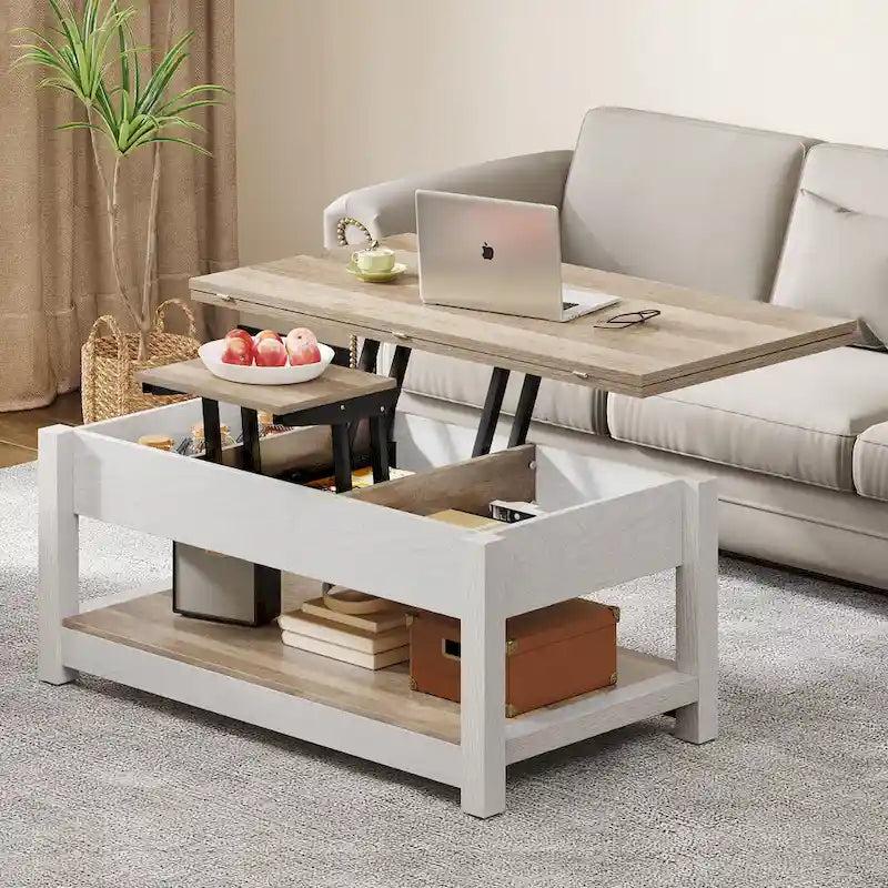 Table basse relevable marron/gris/noir avec rangement dissimulé, pour 6 à 8 personnes