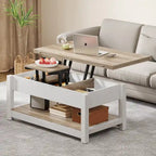 Table basse relevable marron/gris/noir avec rangement dissimulé, pour 6 à 8 personnes