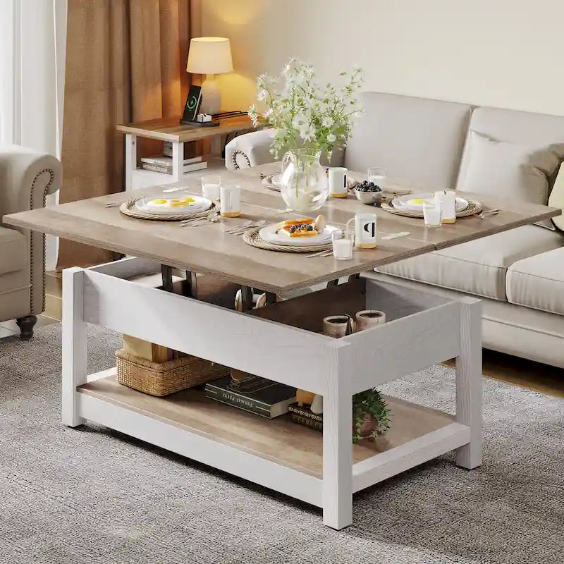 Table basse relevable marron/gris/noir avec rangement dissimulé, pour 6 à 8 personnes