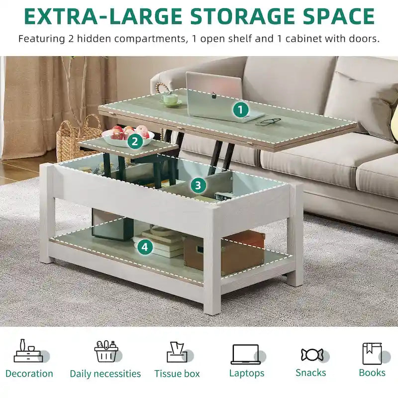 Table basse relevable marron/gris/noir avec rangement dissimulé, pour 6 à 8 personnes