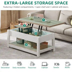 Table basse relevable marron/gris/noir avec rangement dissimulé, pour 6 à 8 personnes