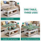 Table basse relevable marron/gris/noir avec rangement dissimulé, pour 6 à 8 personnes