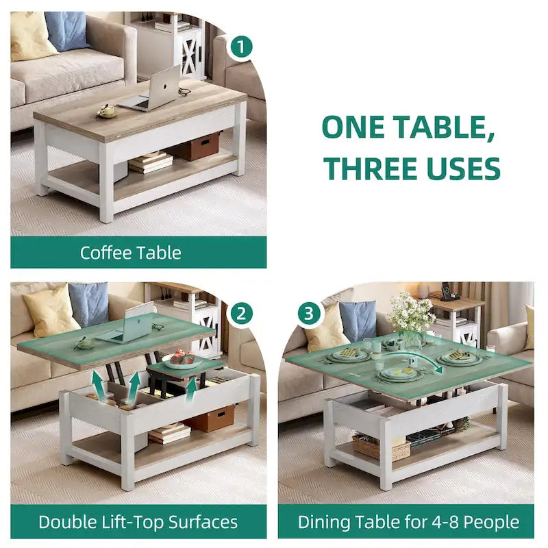Table basse relevable marron/gris/noir avec rangement dissimulé, pour 6 à 8 personnes