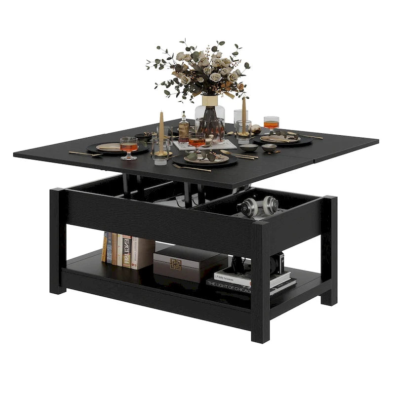 Table basse relevable marron/gris/noir avec rangement dissimulé, pour 6 à 8 personnes