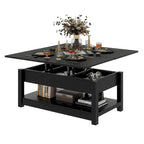 Table basse relevable marron/gris/noir avec rangement dissimulé, pour 6 à 8 personnes