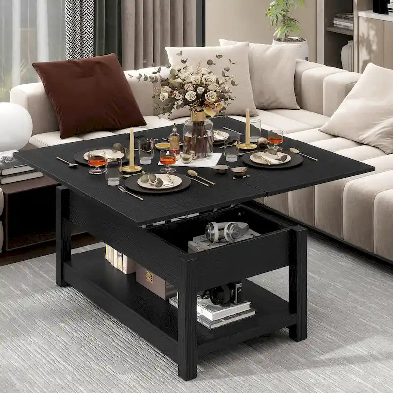 Table basse relevable marron/gris/noir avec rangement dissimulé, pour 6 à 8 personnes